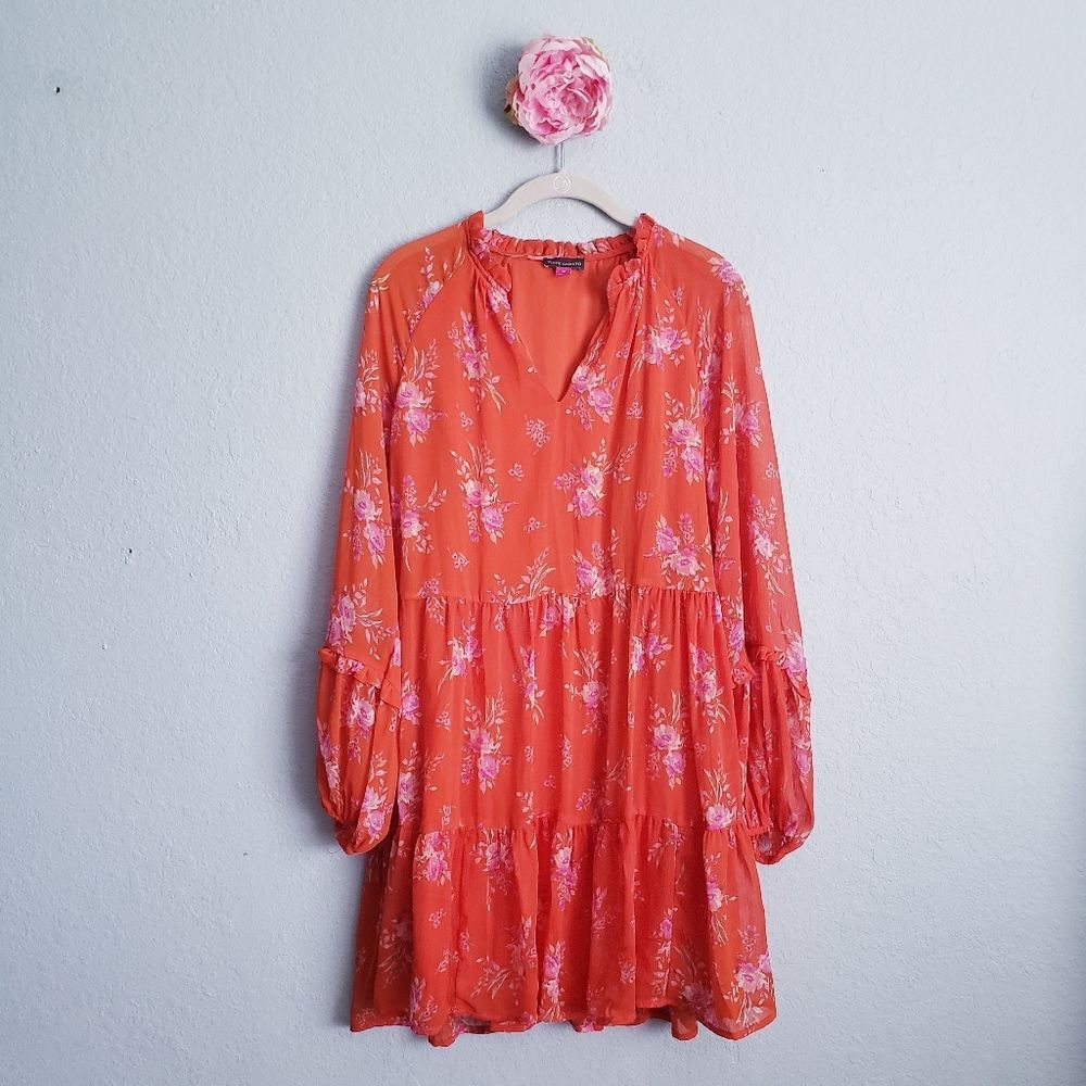 Vince Camuto Orange Red Long Sleeve Tiered Floral Dress